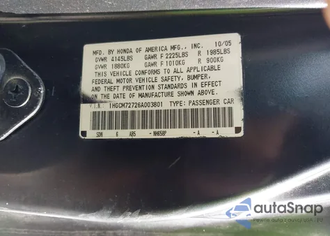 2006 Honda Accord 2.4 Ex z USA, uszkodzony, nr VIN 1HGCM72726A003801